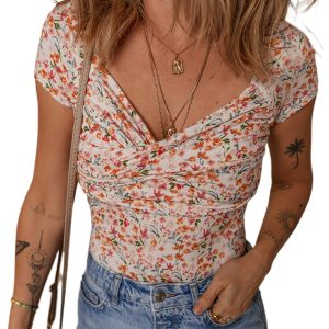 Women's Orange Short Sleeve Floral Ruched Sweetheart Bodysuit - Casual Summer Top - Main View