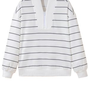 Women's White Zip V Neck Casual Stripe Print Drop Shoulder Long Sleeve Top - Main View