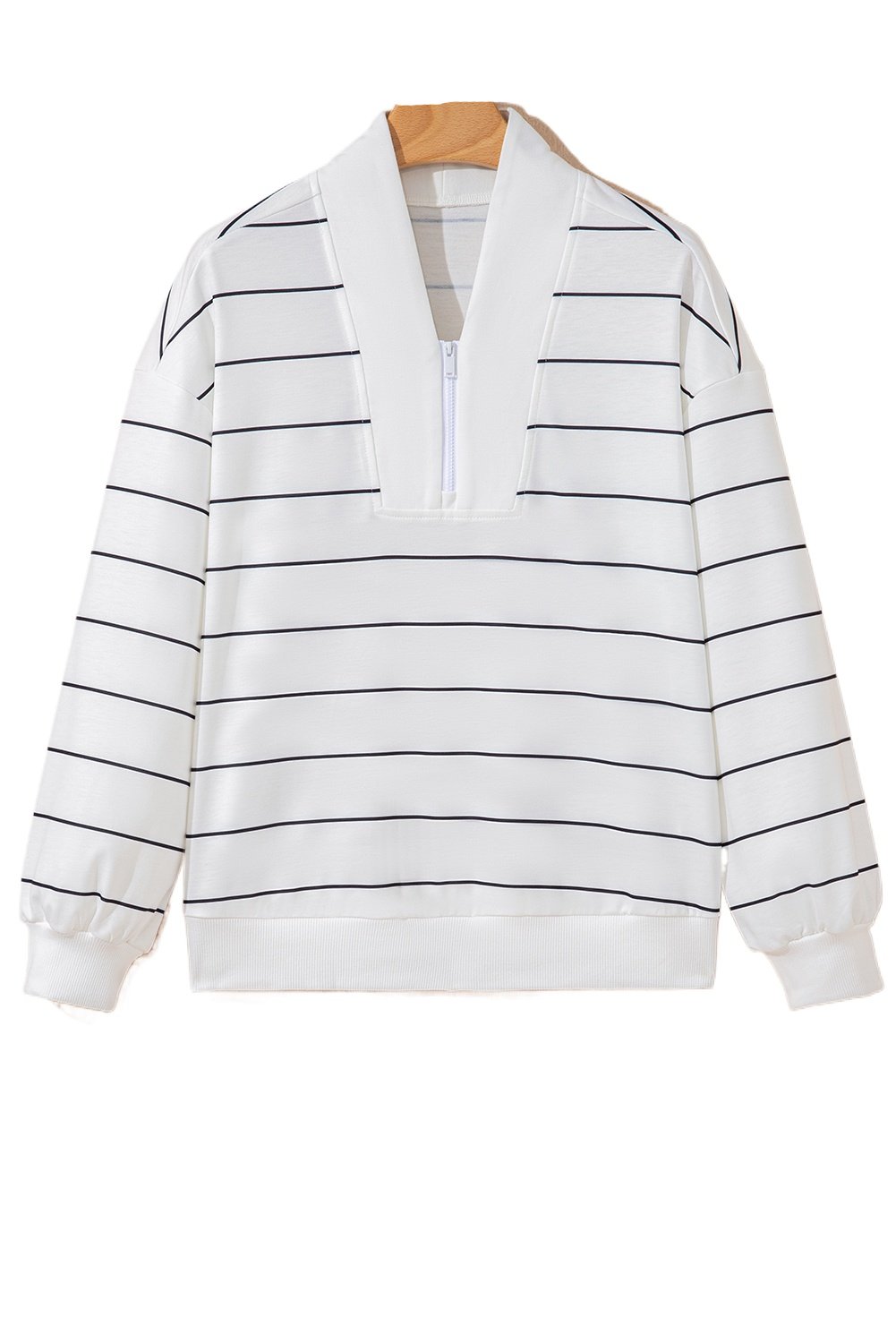 Women's White Zip V Neck Casual Stripe Print Drop Shoulder Long Sleeve Top - Main View Women's White Zip V Neck Casual Stripe Print Drop Shoulder Long Sleeve Top - Main View