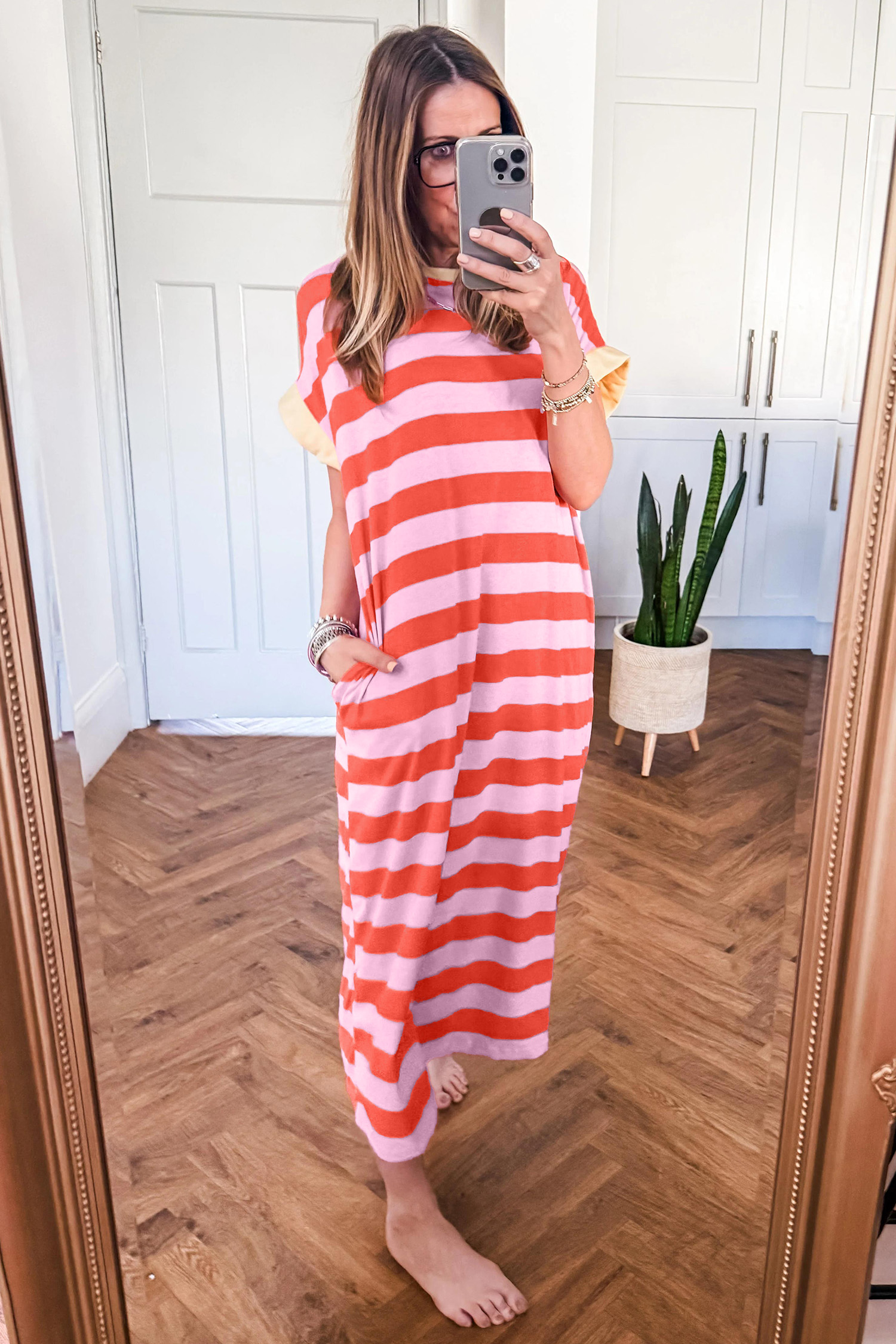 Orange Striped Long T Shirt Dress, Relaxed Cotton Blend Maxi - Detail View 5 Orange Striped Long T Shirt Dress, Relaxed Cotton Blend Maxi - Detail View 5