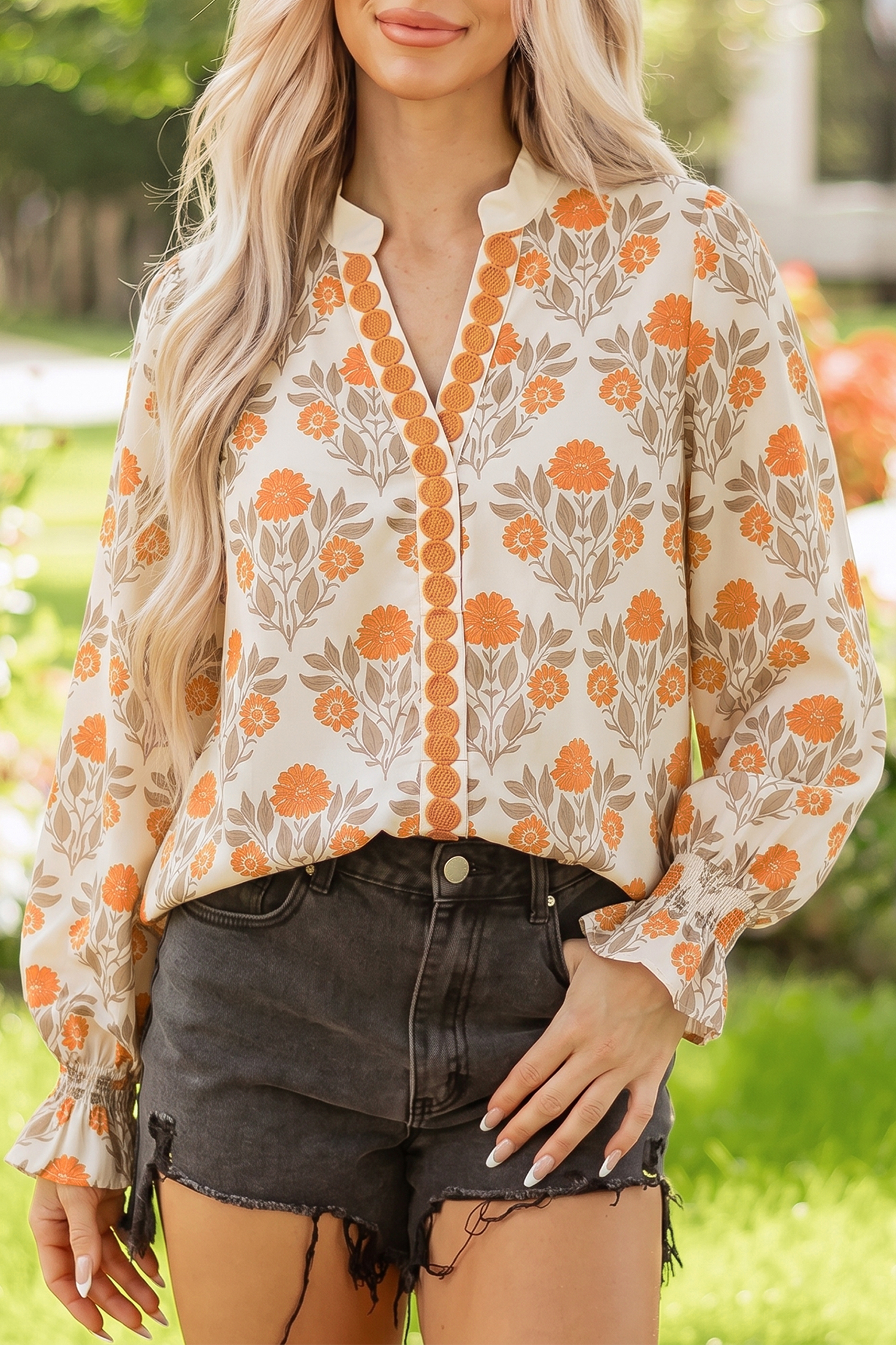 Floral Print Contrast Trim Blouse for Women, Autumn Style - Detail View 2 Floral Print Contrast Trim Blouse for Women, Autumn Style - Detail View 2