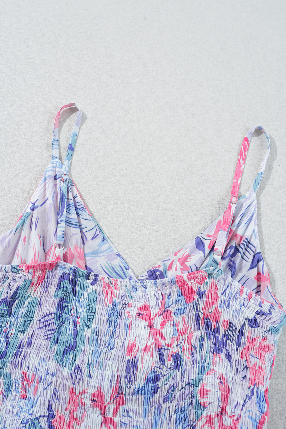 Women's Dress, Sky Blue, Floral Print, Spaghetti Strap, Surplice Neck, Shirred Waist, Mini Dress, Vacation Wear, Summer Fashion, Bohemian Style, A-Line Silhouette, Comfortable, Stylish, Casual Dress - Detail View 12 Women's Dress, Sky Blue, Floral Print, Spaghetti Strap, Surplice Neck, Shirred Waist, Mini Dress, Vacation Wear, Summer Fashion, Bohemian Style, A-Line Silhouette, Comfortable, Stylish, Casual Dress - Detail View 12