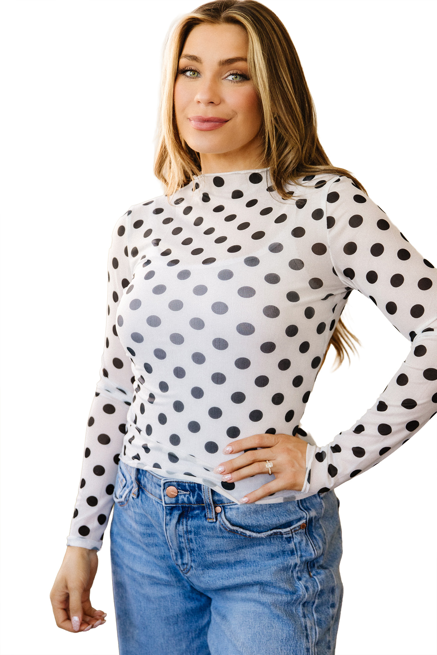 Women's Polka Dot Mesh Top – Sheer Long Sleeve Mock Neck - Detail View 19 Women's Polka Dot Mesh Top – Sheer Long Sleeve Mock Neck - Detail View 19