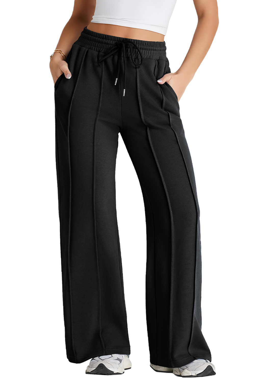 Active Women's Seamed Drawstring Sweatpants in Black for Outdoor Wear - Detail View 8 Active Women's Seamed Drawstring Sweatpants in Black for Outdoor Wear - Detail View 8