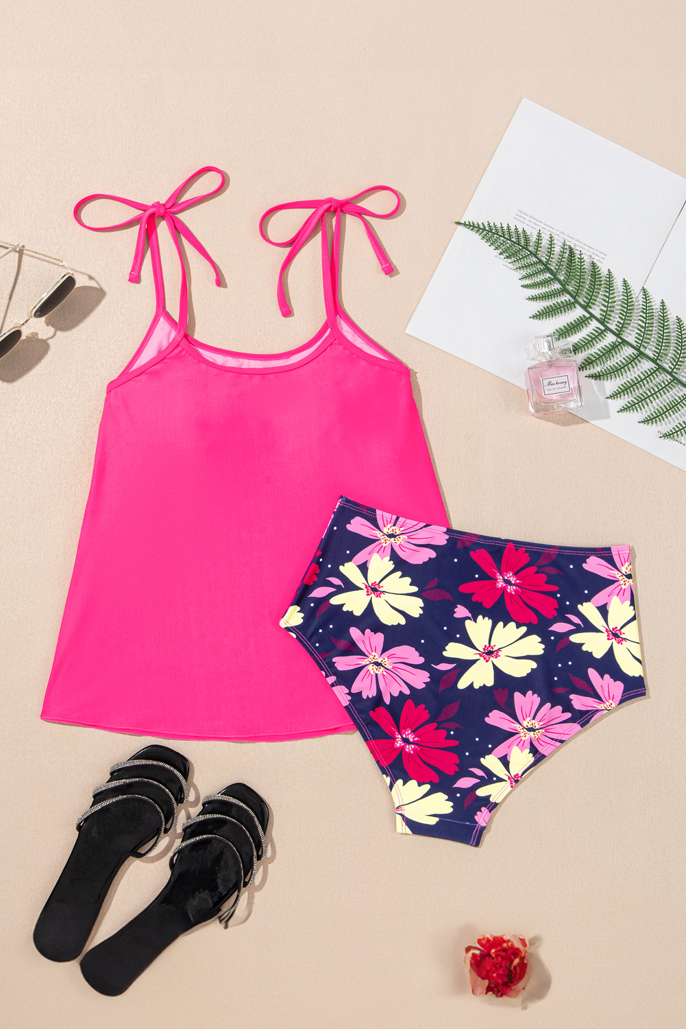 Women's Rose Red Floral Print Tie Shoulder Tankini Set for Beach Days - Detail View 9 Women's Rose Red Floral Print Tie Shoulder Tankini Set for Beach Days - Detail View 9