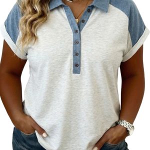 Casual Women's Beige Plus Size Contrast Denim Polo Tee – Summer Ready with Cuffed Sleeves - Main View