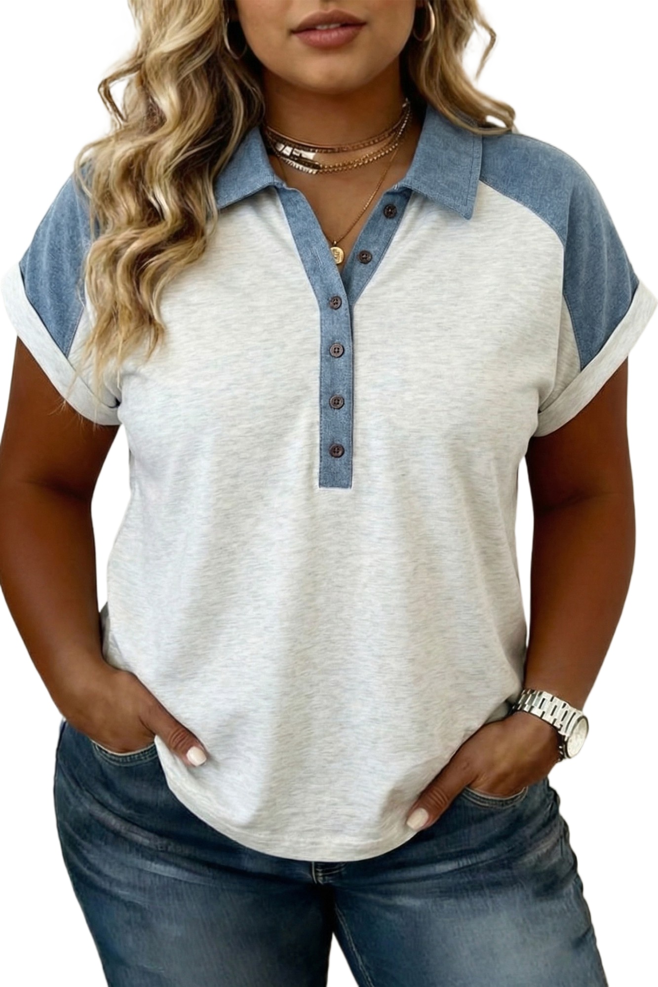 Casual Women's Beige Plus Size Contrast Denim Polo Tee – Summer Ready with Cuffed Sleeves - Main View Casual Women's Beige Plus Size Contrast Denim Polo Tee – Summer Ready with Cuffed Sleeves - Main View
