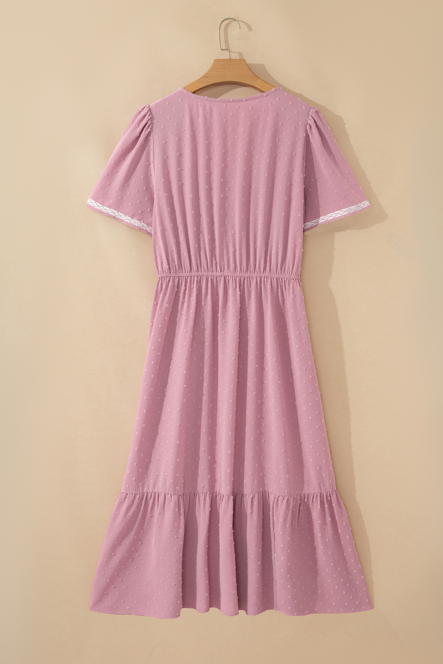 Plus Size Summer Midi Dress – Pink Swiss Dot Shift Dress with Smocked Waist for Daily Wear - Detail View 6 Plus Size Summer Midi Dress – Pink Swiss Dot Shift Dress with Smocked Waist for Daily Wear - Detail View 6