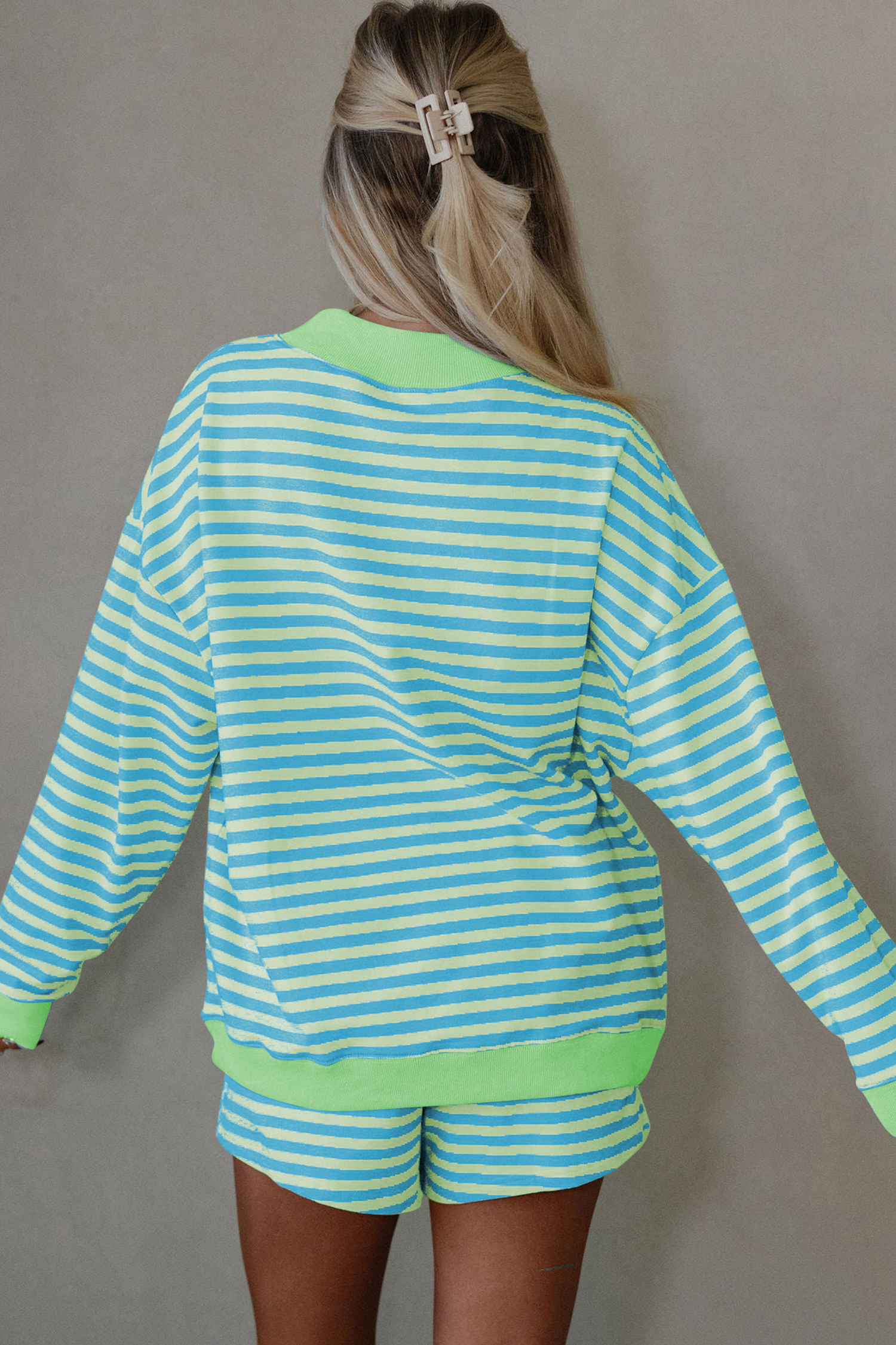 Southern Belle Striped Two Piece Outfit – Women’s Long Sleeve Top and Shorts with Pockets - Detail View 3 Southern Belle Striped Two Piece Outfit – Women’s Long Sleeve Top and Shorts with Pockets - Detail View 3