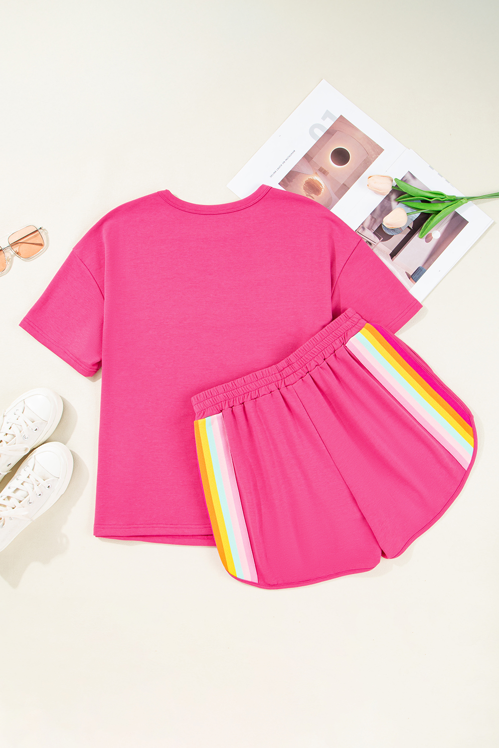 Casual Rose Red Striped Detail Athleisure Set for Women – Perfect Summer 2-Piece Ensemble - Detail View 5 Casual Rose Red Striped Detail Athleisure Set for Women – Perfect Summer 2-Piece Ensemble - Detail View 5