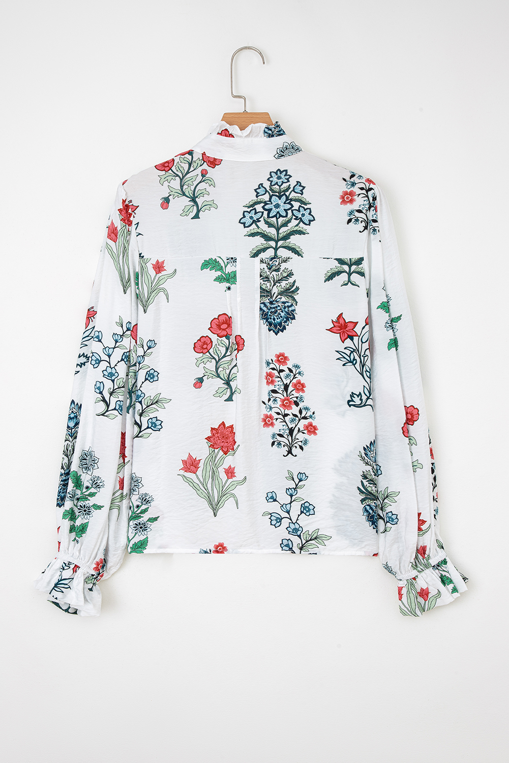 Women's White Floral Print Frilled Collar V Neck Button Down Long Sleeve Shirt - Detail View 5 Women's White Floral Print Frilled Collar V Neck Button Down Long Sleeve Shirt - Detail View 5