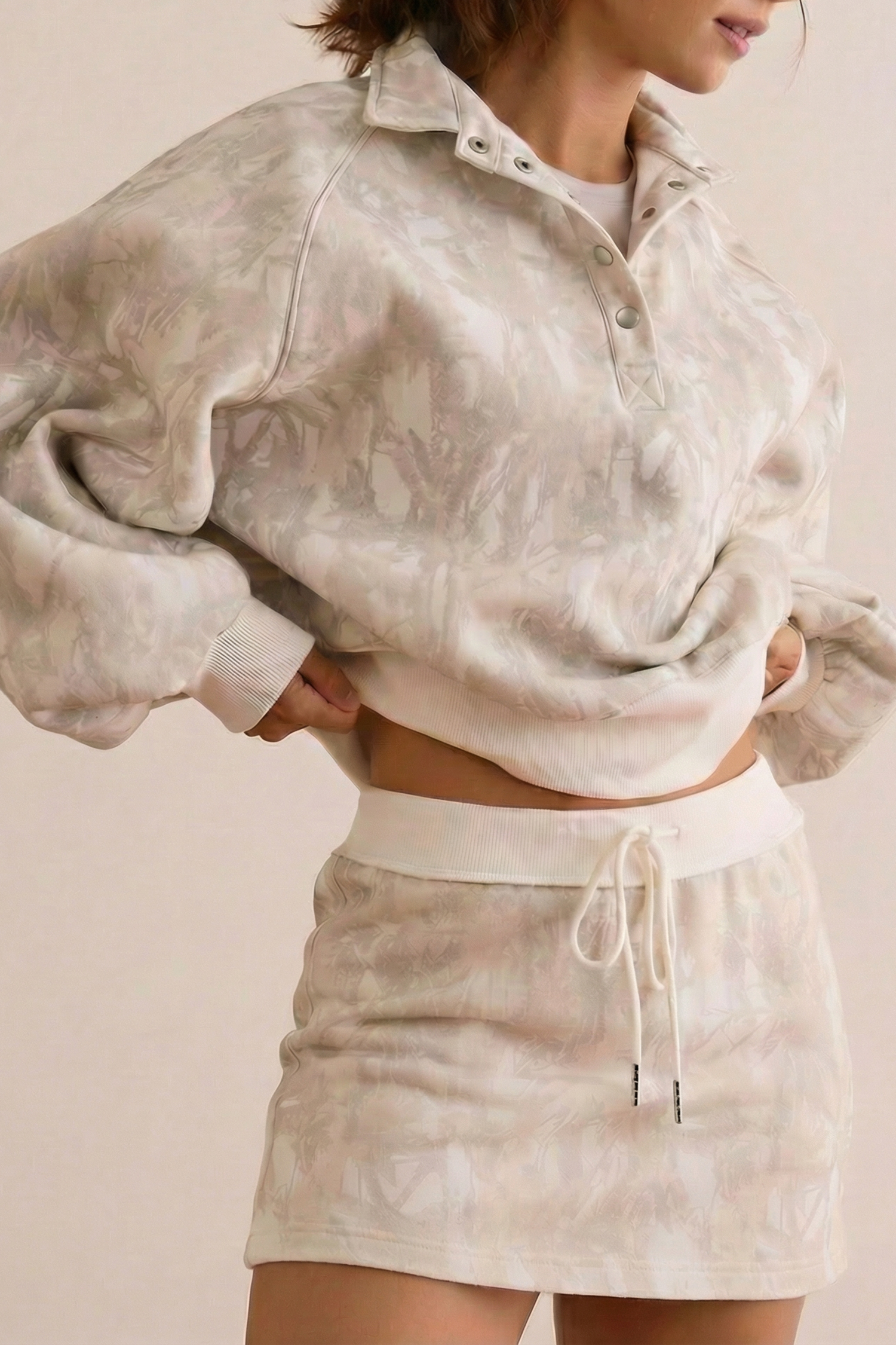 Stylish White Abstract Print Balloon Sleeve Pullover with Mini Skort for Women – Perfect for Spring - Detail View 6 Stylish White Abstract Print Balloon Sleeve Pullover with Mini Skort for Women – Perfect for Spring - Detail View 6