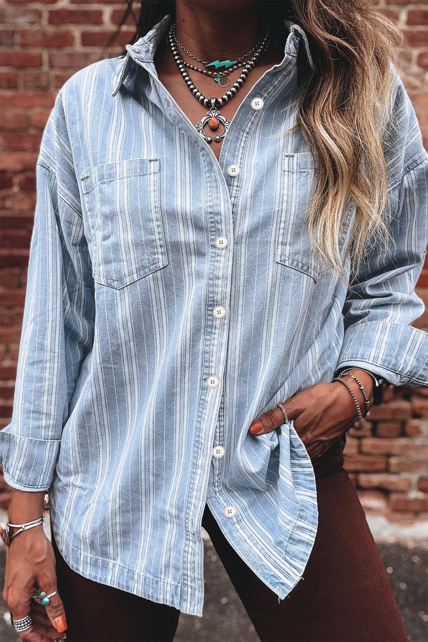 Women's Classic Denim Shacket in Sky Blue Stripe – Versatile Layering Piece for Everyday Wear - Detail View 2 Women's Classic Denim Shacket in Sky Blue Stripe – Versatile Layering Piece for Everyday Wear - Detail View 2