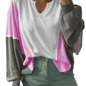 Women's White Spiral Ribbed Color Block Long Sleeve Top – Casual Fall Style - Main View