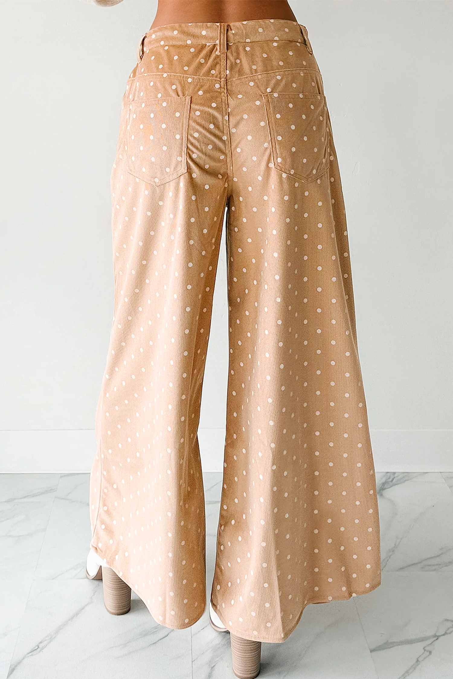Chic Khaki Polka Dot Print Wide Leg Pants – Perfect for Spring & Casual Outings - Detail View 2 Chic Khaki Polka Dot Print Wide Leg Pants – Perfect for Spring & Casual Outings - Detail View 2