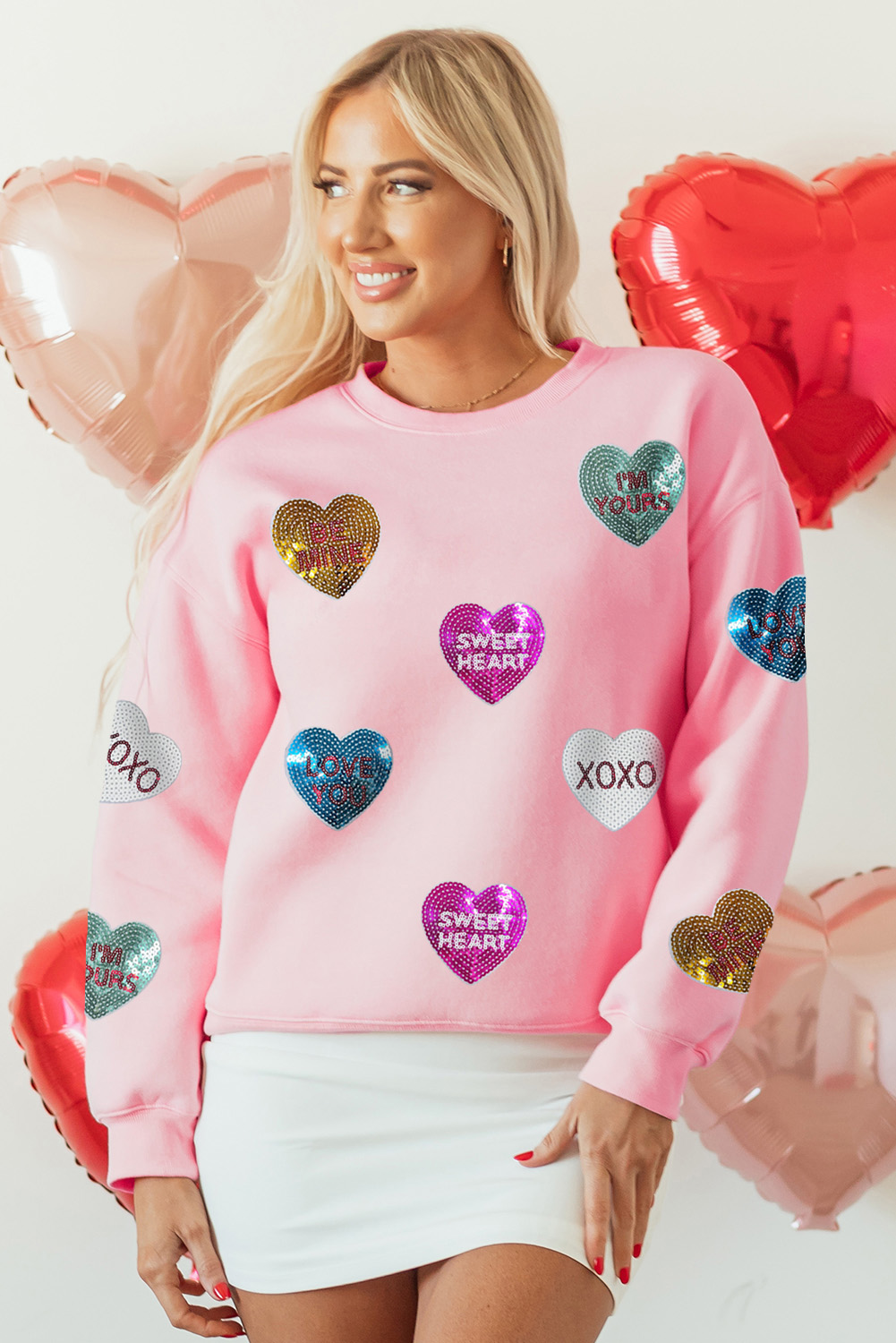 Women's Sweatshirt, Pink Sequin, Heart Graphic, Valentine's Day, Casual Wear, Long Sleeve, Comfortable Fit, Drop Sleeves, Round Neck, Fall Fashion, Romantic Style, Letter Print, Graphic Sweatshirt - Detail View 4 Women's Sweatshirt, Pink Sequin, Heart Graphic, Valentine's Day, Casual Wear, Long Sleeve, Comfortable Fit, Drop Sleeves, Round Neck, Fall Fashion, Romantic Style, Letter Print, Graphic Sweatshirt - Detail View 4