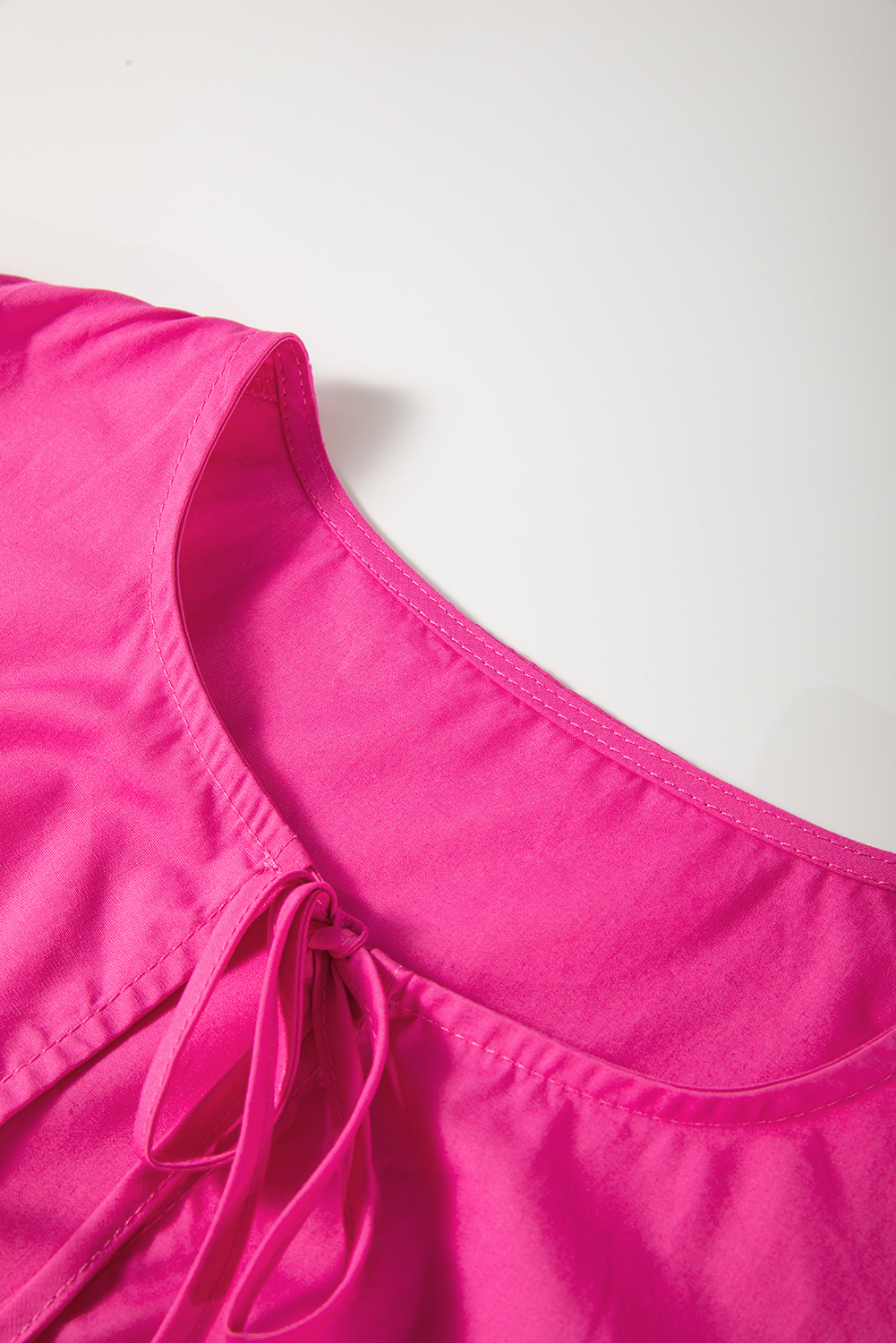 Cute and Chic Bright Pink Solid Color Mini Dress with Puff Sleeves - Detail View 10 Cute and Chic Bright Pink Solid Color Mini Dress with Puff Sleeves - Detail View 10