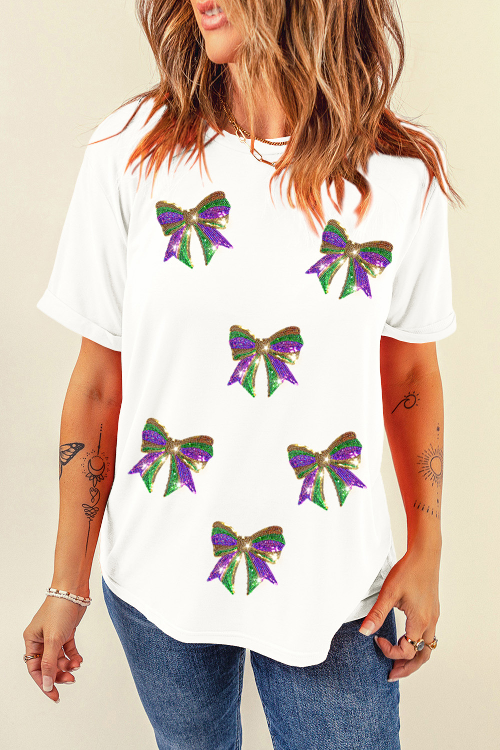 Women's Graphic Tee, White T-Shirt, Sequin Details, Mardi Gras, Bow Graphic, Casual Wear, Comfortable Fit, Short Sleeve, Round Neck, Soft Fabric, Daily Wear, Fun Style, Party Top - Detail View 4 Women's Graphic Tee, White T-Shirt, Sequin Details, Mardi Gras, Bow Graphic, Casual Wear, Comfortable Fit, Short Sleeve, Round Neck, Soft Fabric, Daily Wear, Fun Style, Party Top - Detail View 4