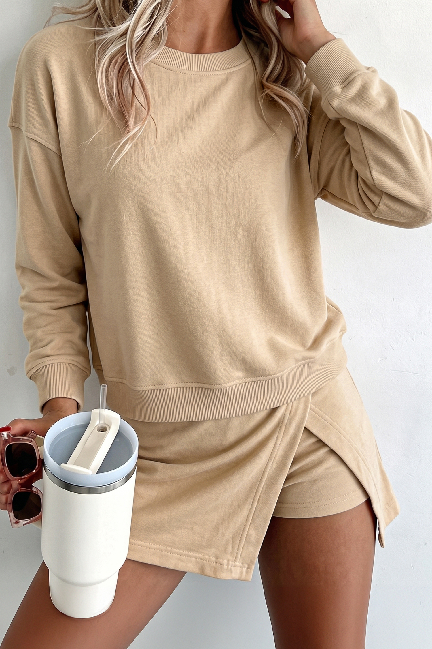 Solid Color Long Sleeve Outfit, Women's Trendy Split Skort - Detail View 5 Solid Color Long Sleeve Outfit, Women's Trendy Split Skort - Detail View 5