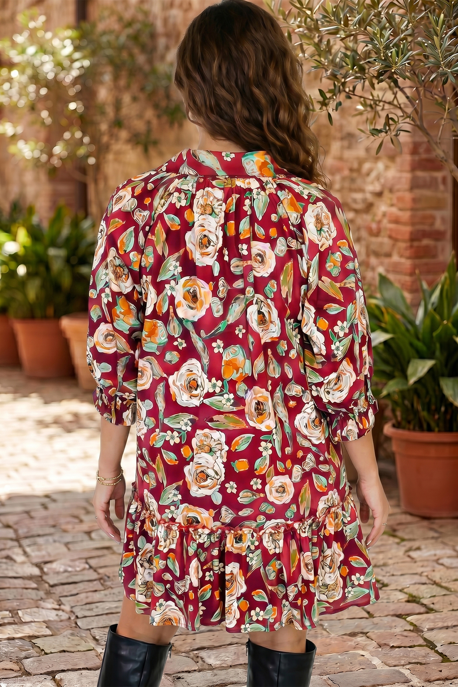 Red Floral Mini Dress, Vacation Style Cotton Shift Outfit - Detail View 2 Red Floral Mini Dress, Vacation Style Cotton Shift Outfit - Detail View 2