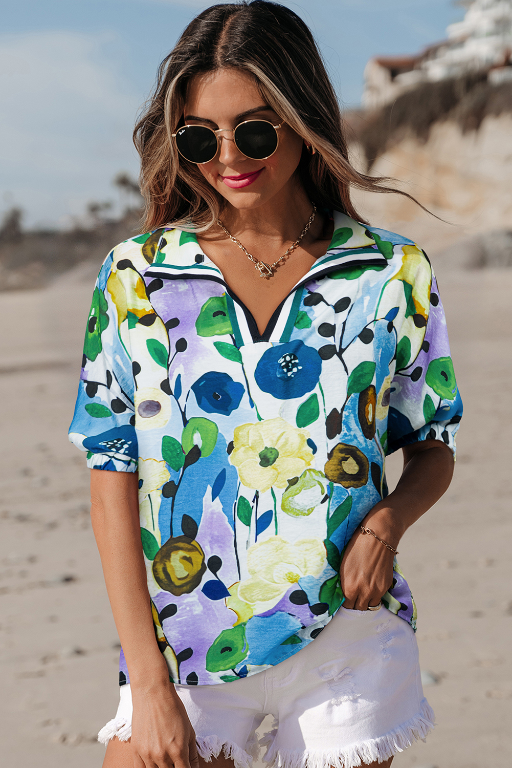 Casual & Dressy Women's Top - Light Blue Floral Blouse for Summer Occasions - Detail View 3 Casual & Dressy Women's Top - Light Blue Floral Blouse for Summer Occasions - Detail View 3