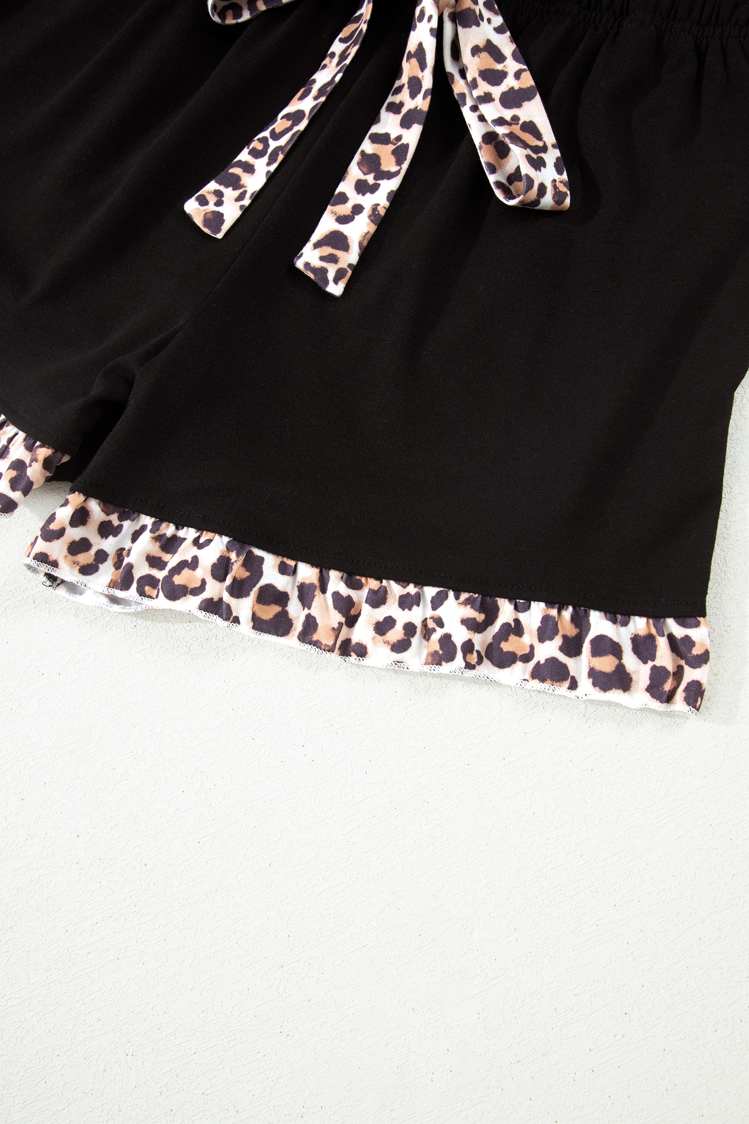 Casual Women's 2-Piece Pajama Set – Black Leopard Trim Shirt and Shorts, Soft Summer Loungewear Outfit - Detail View 8 Casual Women's 2-Piece Pajama Set – Black Leopard Trim Shirt and Shorts, Soft Summer Loungewear Outfit - Detail View 8