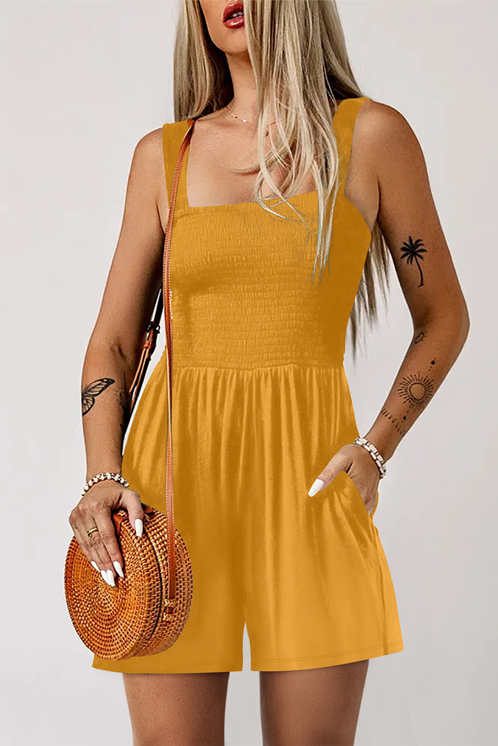 Ginger Summer Romper for Women – Basic Fit and Flare Sleeveless Playsuit with Ruched Details - Detail View 3 Ginger Summer Romper for Women – Basic Fit and Flare Sleeveless Playsuit with Ruched Details - Detail View 3