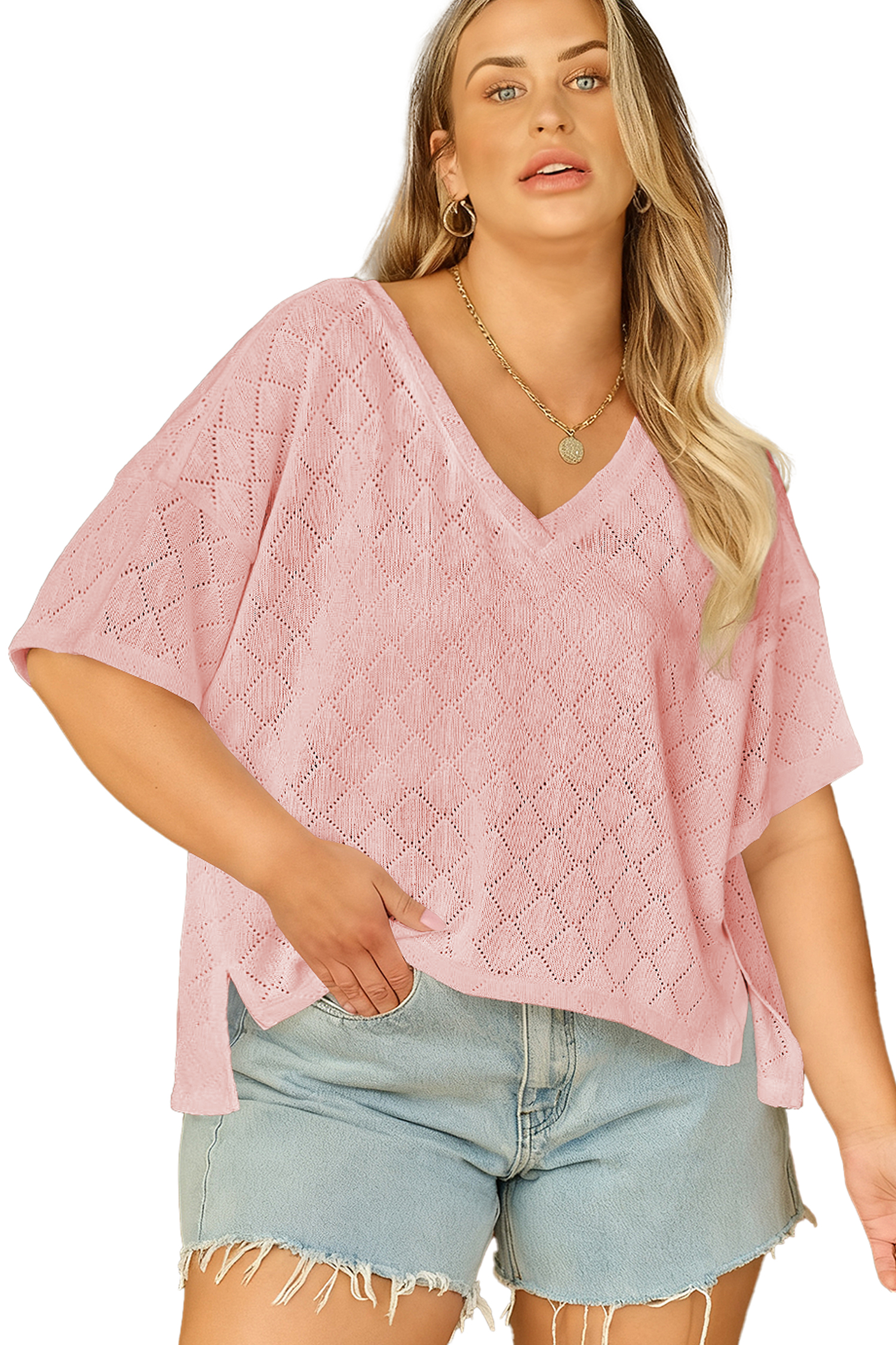 Women's Plus Size Light Pink V Neck Top – Versatile Pointelle Rhombus Knit for Daily Wear - Detail View 17 Women's Plus Size Light Pink V Neck Top – Versatile Pointelle Rhombus Knit for Daily Wear - Detail View 17