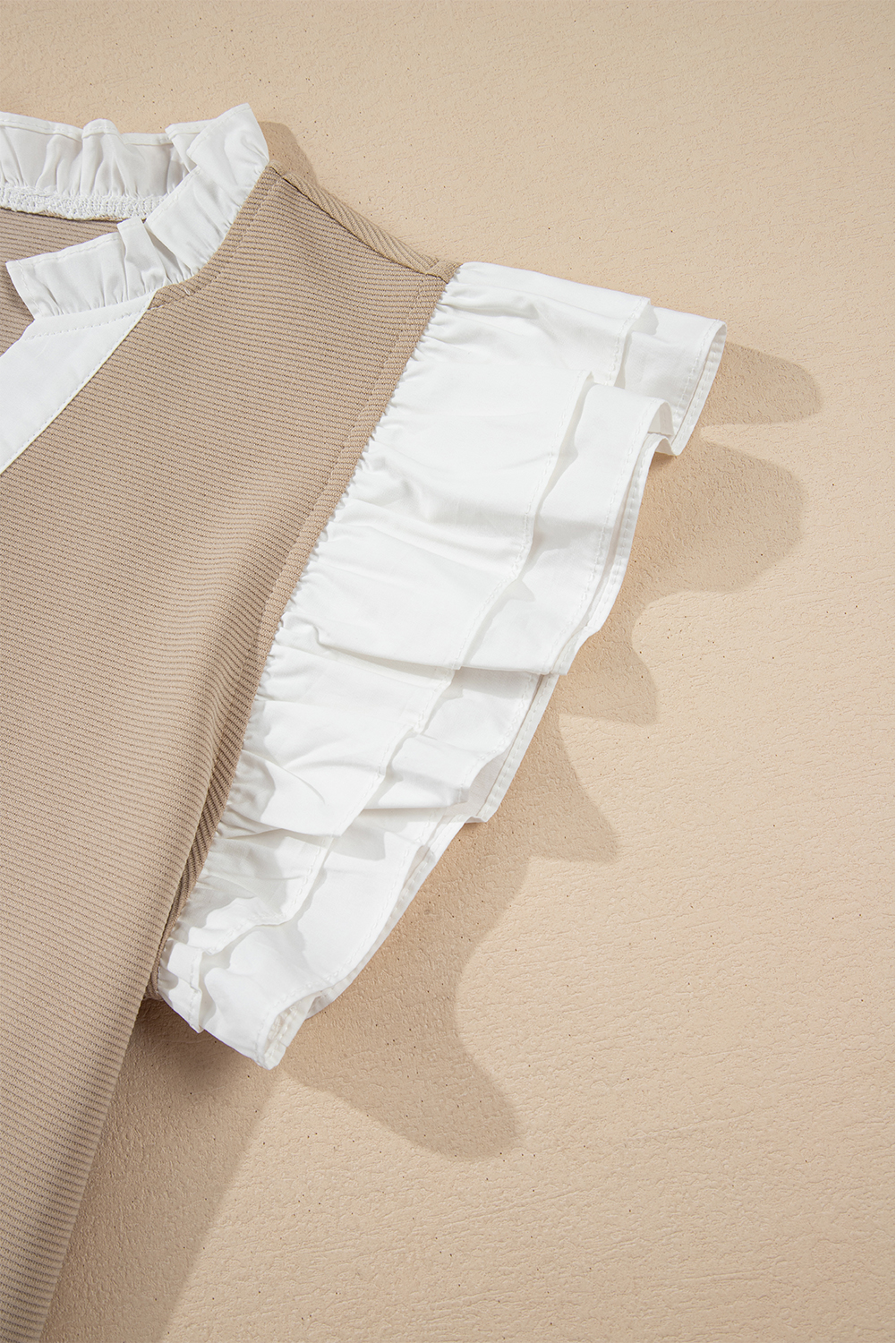 Women's Pale Khaki Contrast V Neck Ruffled Textured Knit Top - Elegant and Cozy - Detail View 9 Women's Pale Khaki Contrast V Neck Ruffled Textured Knit Top - Elegant and Cozy - Detail View 9