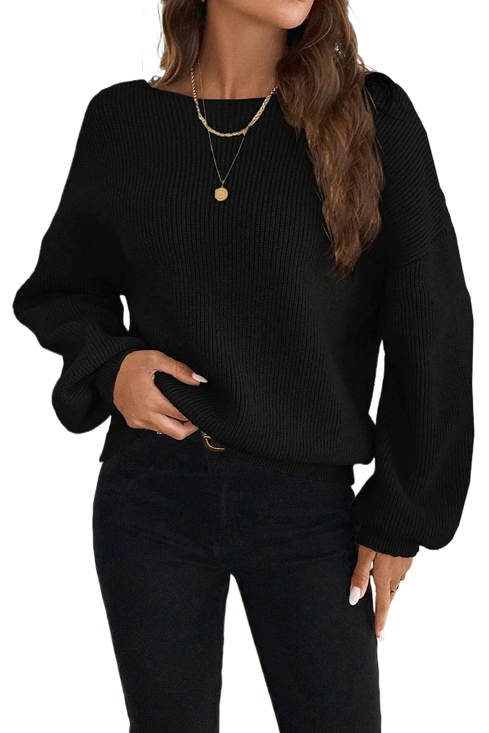 Women's Black Ribbed Knit Backless Sweater – Elegant Drop Shoulder Design for Casual Fall Style - Main View Women's Black Ribbed Knit Backless Sweater – Elegant Drop Shoulder Design for Casual Fall Style - Main View