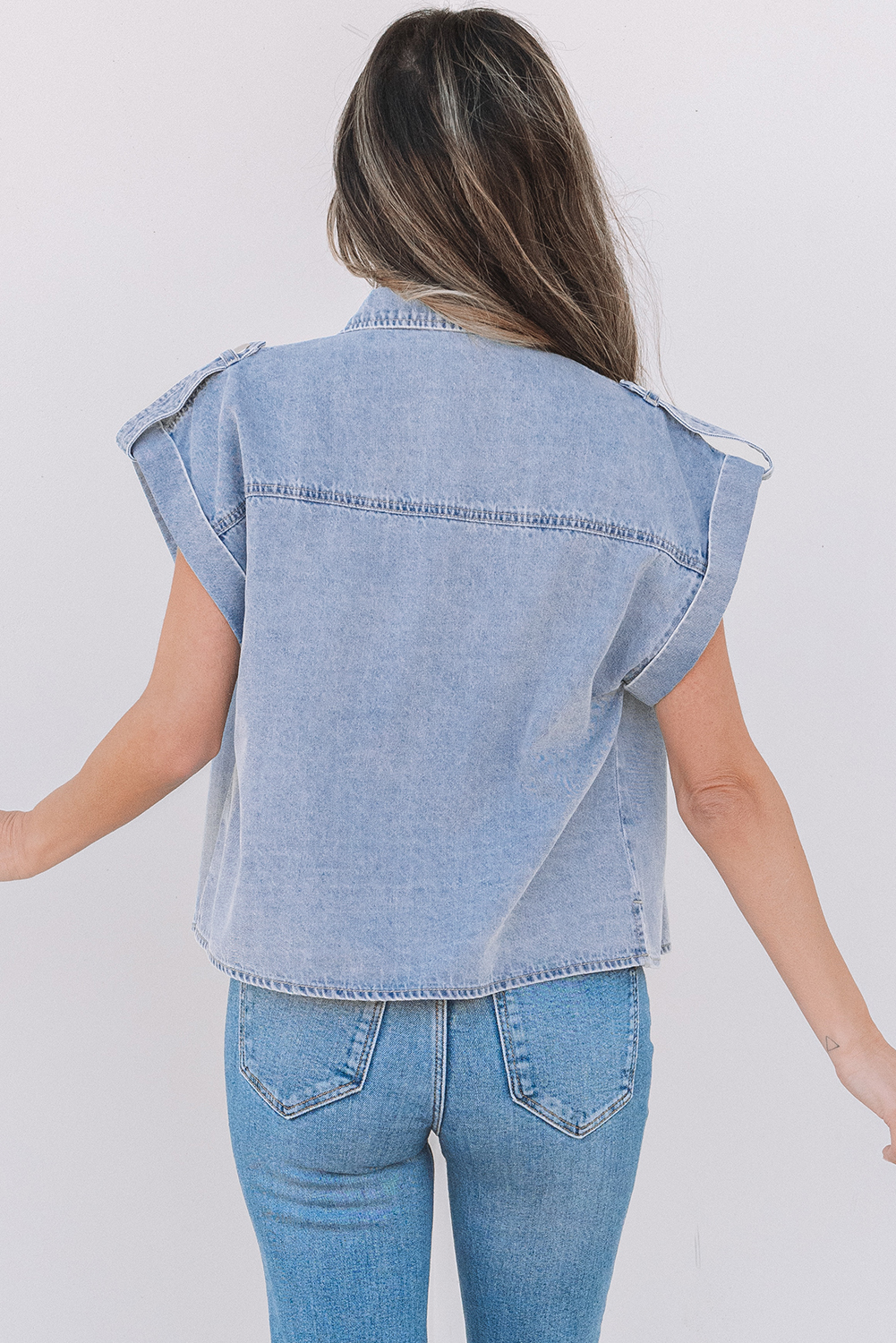 Casual Dusk Blue Denim Shirt with Button Detail and Folded Cap Sleeves - Detail View 2 Casual Dusk Blue Denim Shirt with Button Detail and Folded Cap Sleeves - Detail View 2
