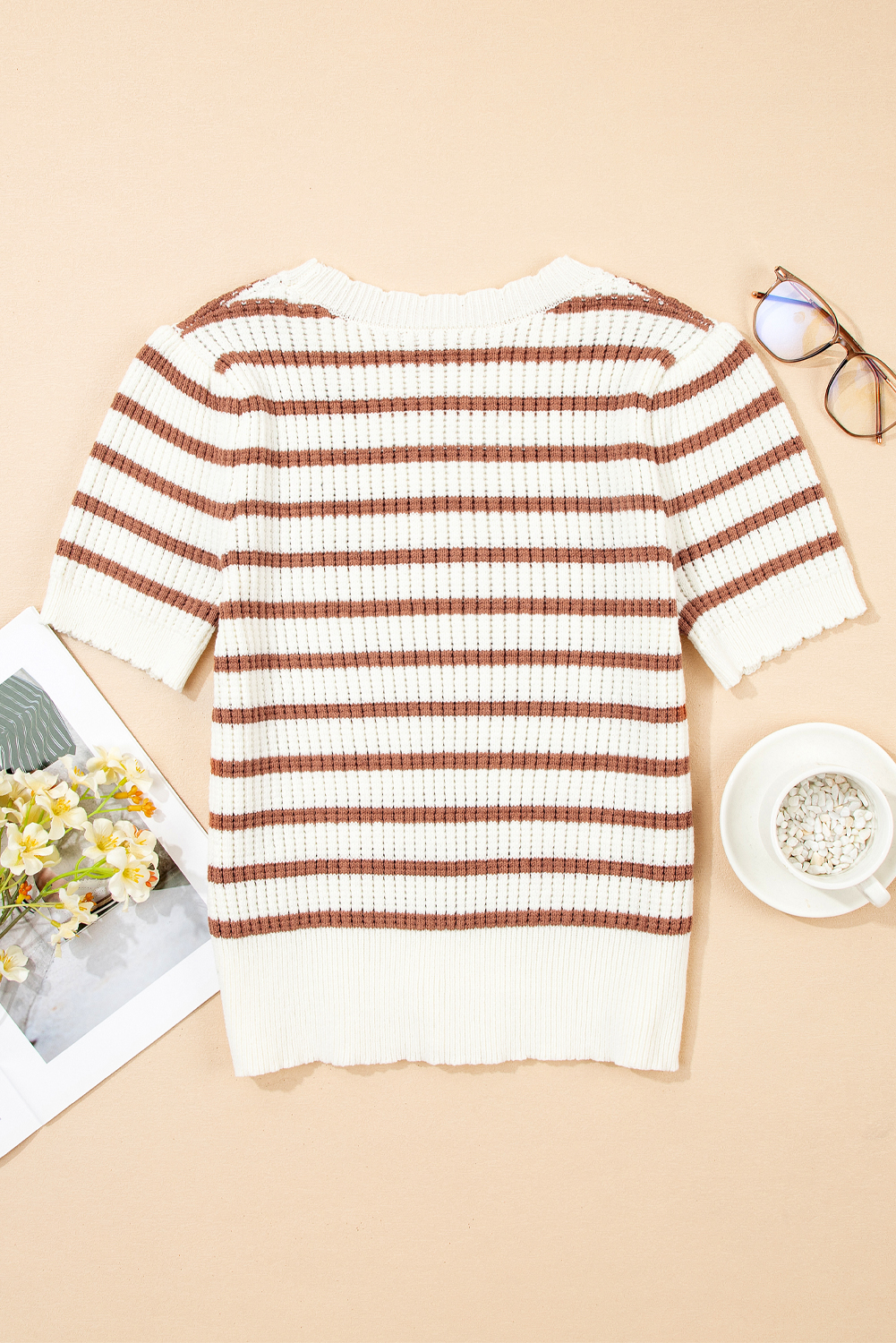 Women's Sweater, Khaki Stripe, Scalloped Neck, Short Sleeve, Casual Style, Summer Knit, Trendy Design, Comfortable Fit, Daily Wear, Flattering Silhouette, Lightweight Knitwear, Fashionable Tops, Sheath Style - Detail View 4 Women's Sweater, Khaki Stripe, Scalloped Neck, Short Sleeve, Casual Style, Summer Knit, Trendy Design, Comfortable Fit, Daily Wear, Flattering Silhouette, Lightweight Knitwear, Fashionable Tops, Sheath Style - Detail View 4