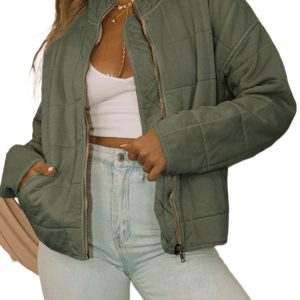 Women's Green Zip-Up Pocket Quilted Jacket – Casual Winter Outerwear for Daily Wear - Main View