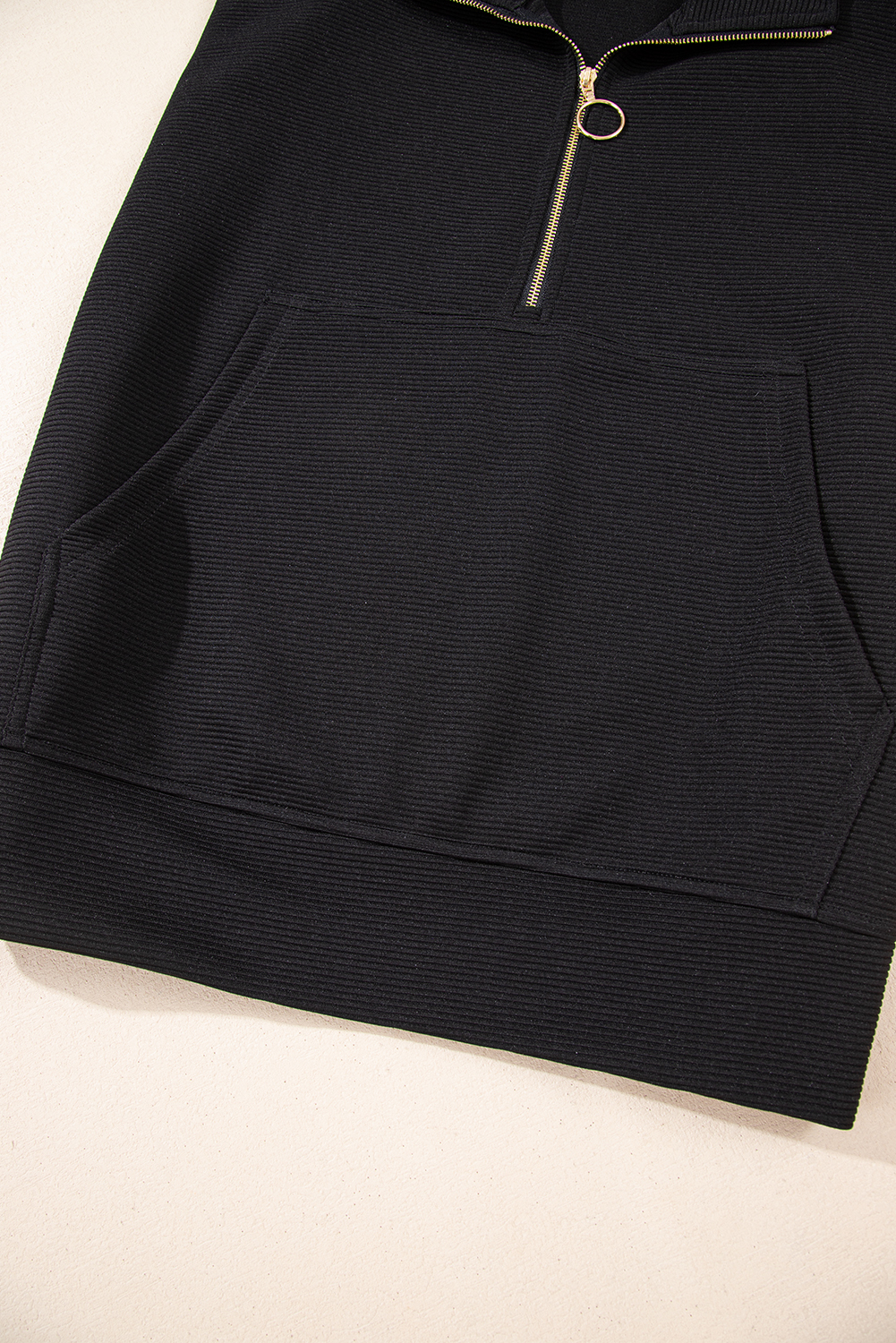 Women's Black Textured Quarter Zip Top and Drawstring High Waist Shorts Set - Detail View 13 Women's Black Textured Quarter Zip Top and Drawstring High Waist Shorts Set - Detail View 13