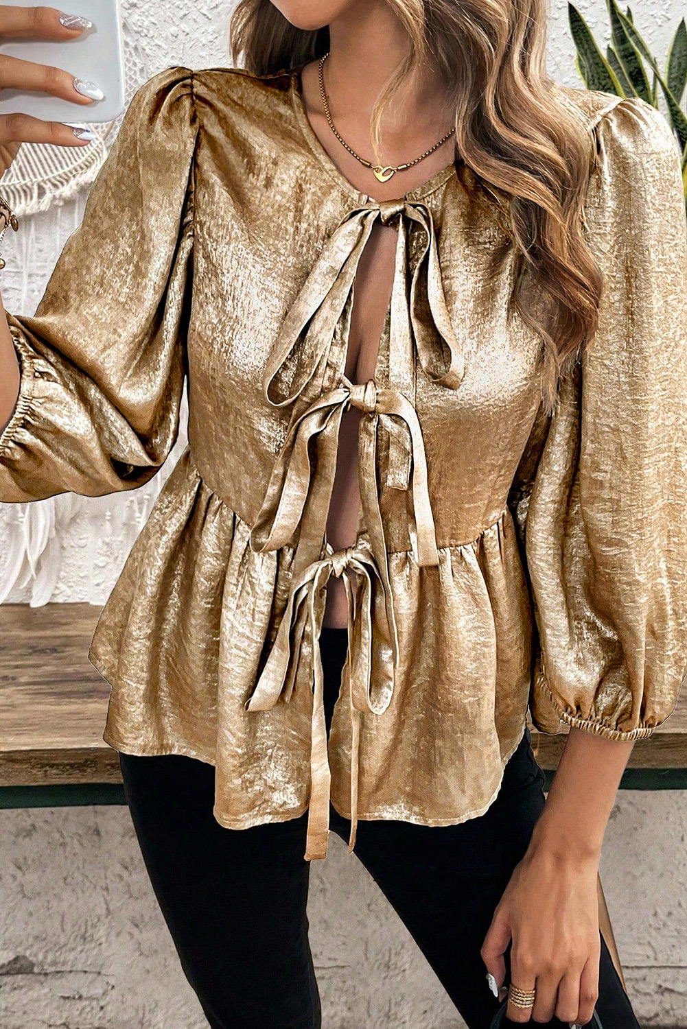 Chic Gold Blouse with Puff Sleeves and Ruffle Hem - Perfect for Any Occasion - Detail View 2 Chic Gold Blouse with Puff Sleeves and Ruffle Hem - Perfect for Any Occasion - Detail View 2