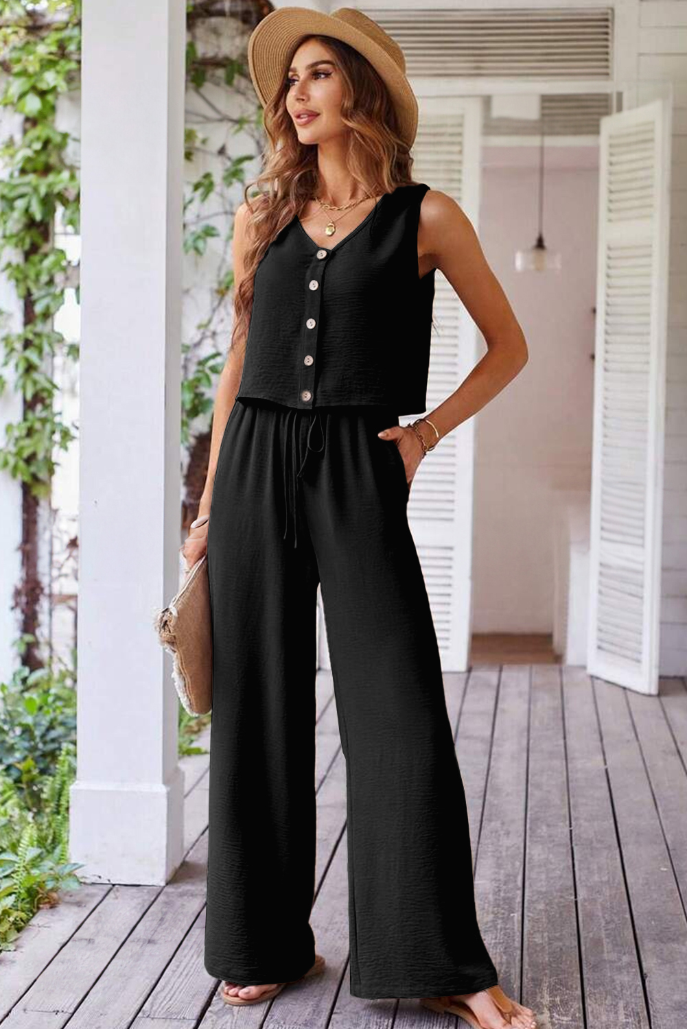 Chic Black Sleeveless Vest with High Waist Wide Leg Pants - Versatile Outfit Set - Detail View 6 Chic Black Sleeveless Vest with High Waist Wide Leg Pants - Versatile Outfit Set - Detail View 6