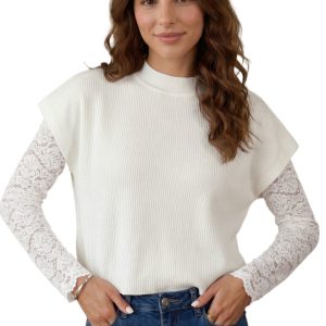 Women's Ribbed Mock Neck Sweater, White Casual Knit Top - Main View