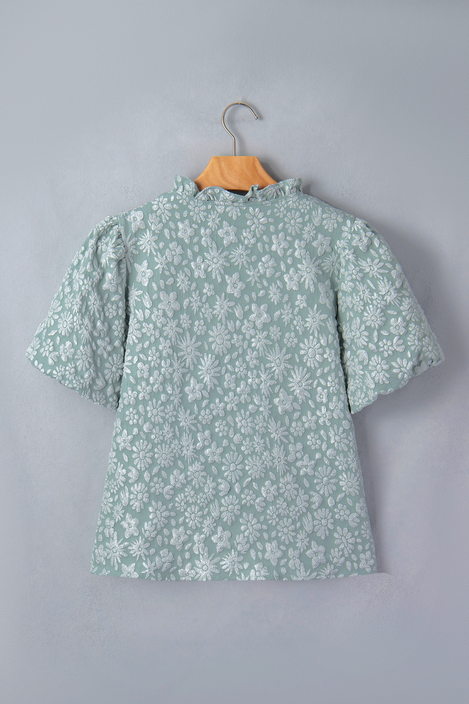 Chic Women's Floral Textured Jacquard Top – V Neck Short Puff Sleeve Blouse for Daily Wear - Detail View 6 Chic Women's Floral Textured Jacquard Top – V Neck Short Puff Sleeve Blouse for Daily Wear - Detail View 6