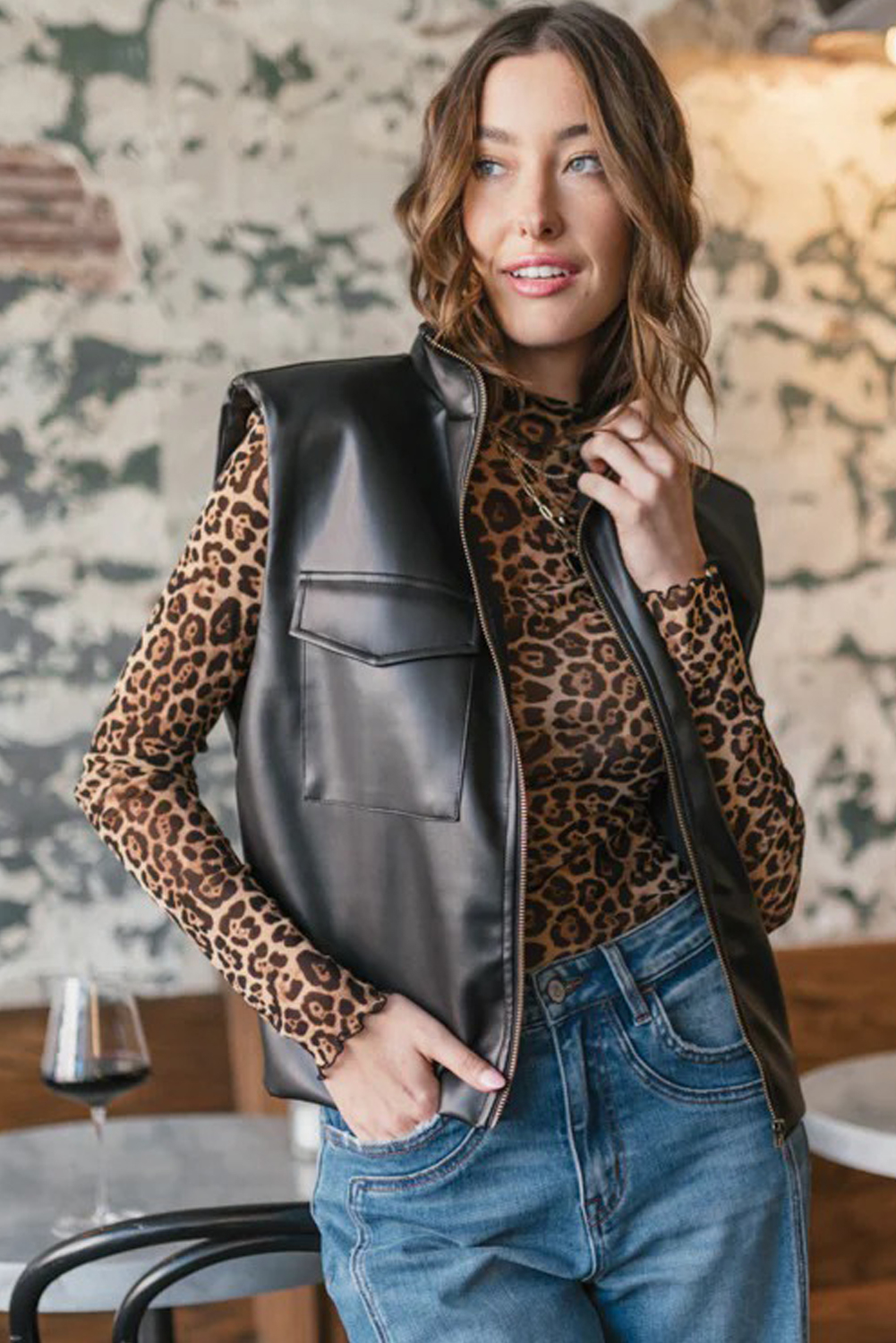 Women's Black Double Flap Pocket Faux Leather Zip Up Vest with Stand Neck - Detail View 5 Women's Black Double Flap Pocket Faux Leather Zip Up Vest with Stand Neck - Detail View 5