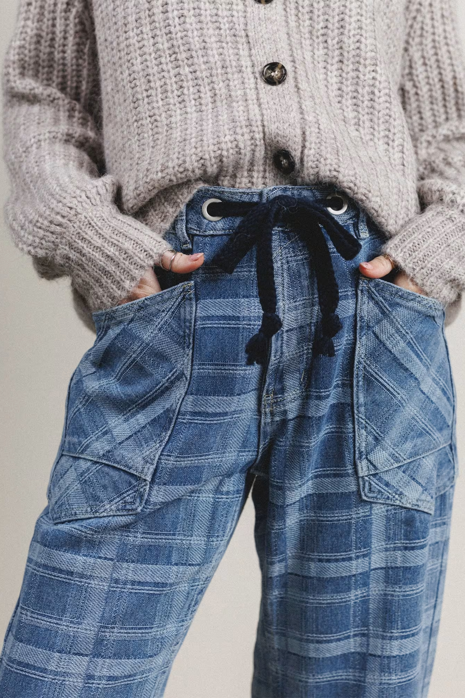 Women's High Waist Plaid Jeans, Stretch Denim Pants - Detail View 6 Women's High Waist Plaid Jeans, Stretch Denim Pants - Detail View 6