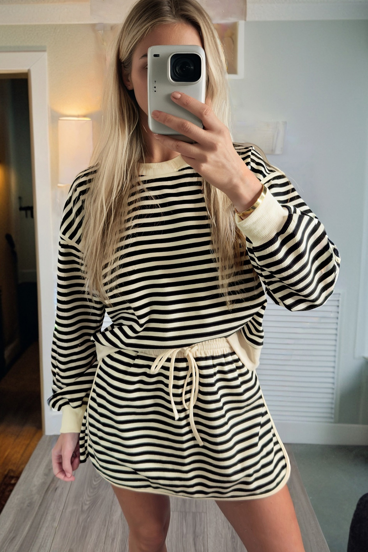 Casual Black Striped Two-Piece Dress Set for Women – Drop Shoulder & Drawstring - Detail View 2 Casual Black Striped Two-Piece Dress Set for Women – Drop Shoulder & Drawstring - Detail View 2