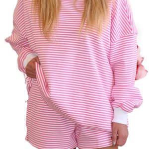 Women's Pink Stripe Oversize Mock Neck Sweatshirt & Shorts Set – Casual Autumn Comfort - Main View