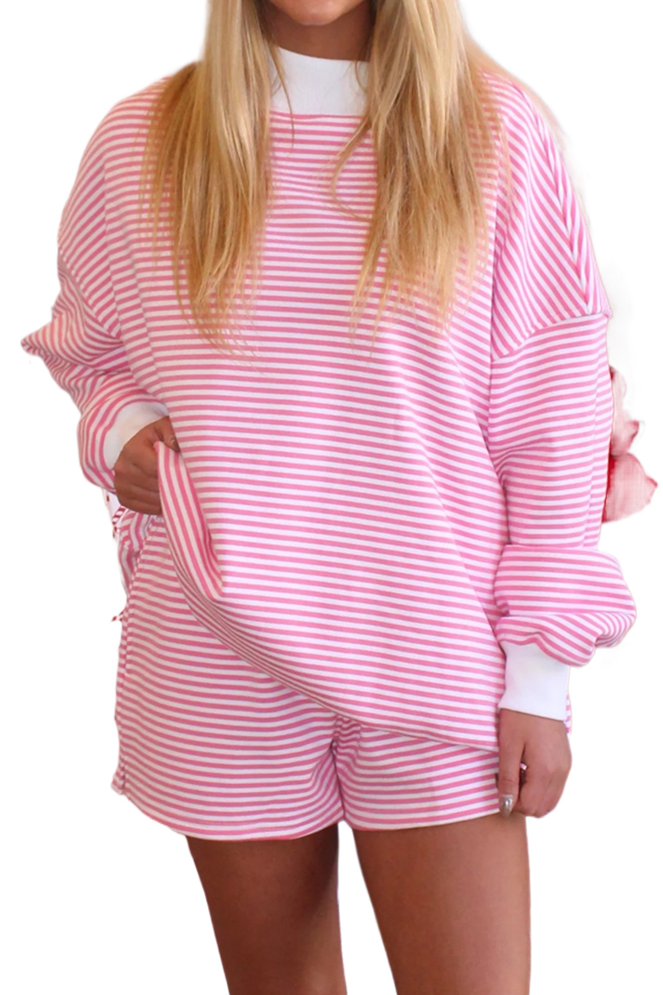 Women's Pink Stripe Oversize Mock Neck Sweatshirt & Shorts Set – Casual Autumn Comfort - Main View Women's Pink Stripe Oversize Mock Neck Sweatshirt & Shorts Set – Casual Autumn Comfort - Main View