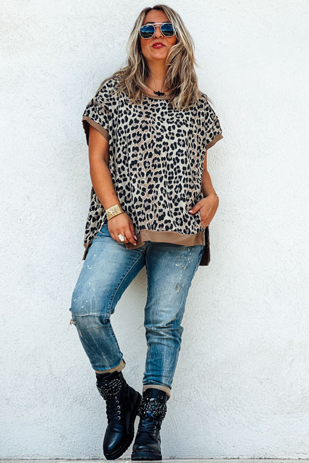 Trendy Loose Fit Leopard Contrast Trim Short Sleeve Blouse - Plus Size - Detail View 7 Trendy Loose Fit Leopard Contrast Trim Short Sleeve Blouse - Plus Size - Detail View 7