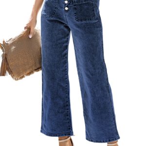 Women's High Waist Wide Leg Cropped Jeans – Button Front Denim Pants with Pockets - Main View
