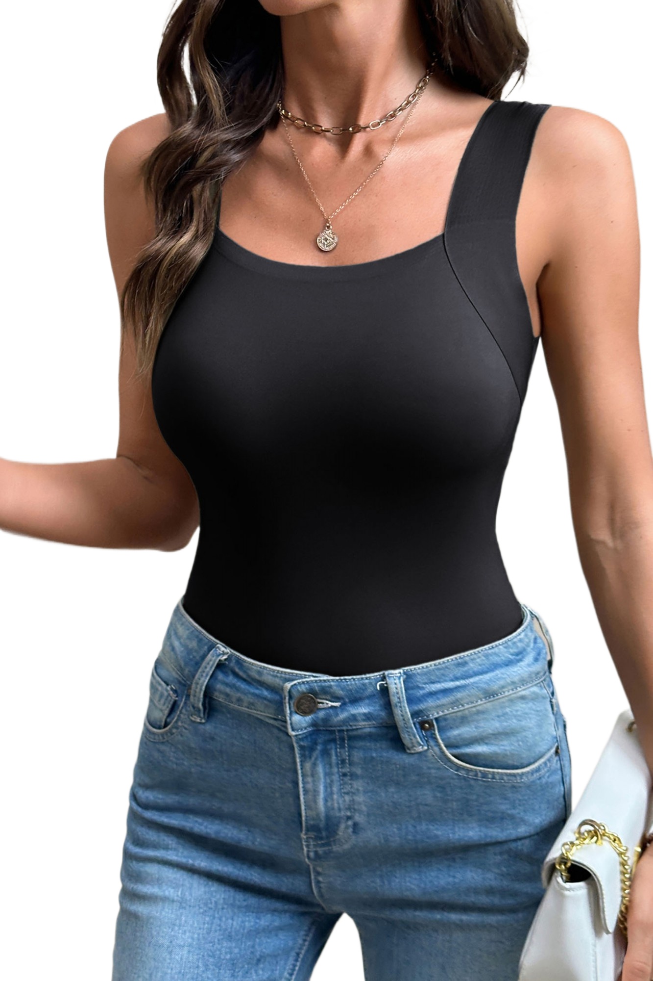 Women's Black Athleisure Tank Top – Solid Square Neck Sleeveless Camisole with Wide Straps for Daily Wear - Main View Women's Black Athleisure Tank Top – Solid Square Neck Sleeveless Camisole with Wide Straps for Daily Wear - Main View