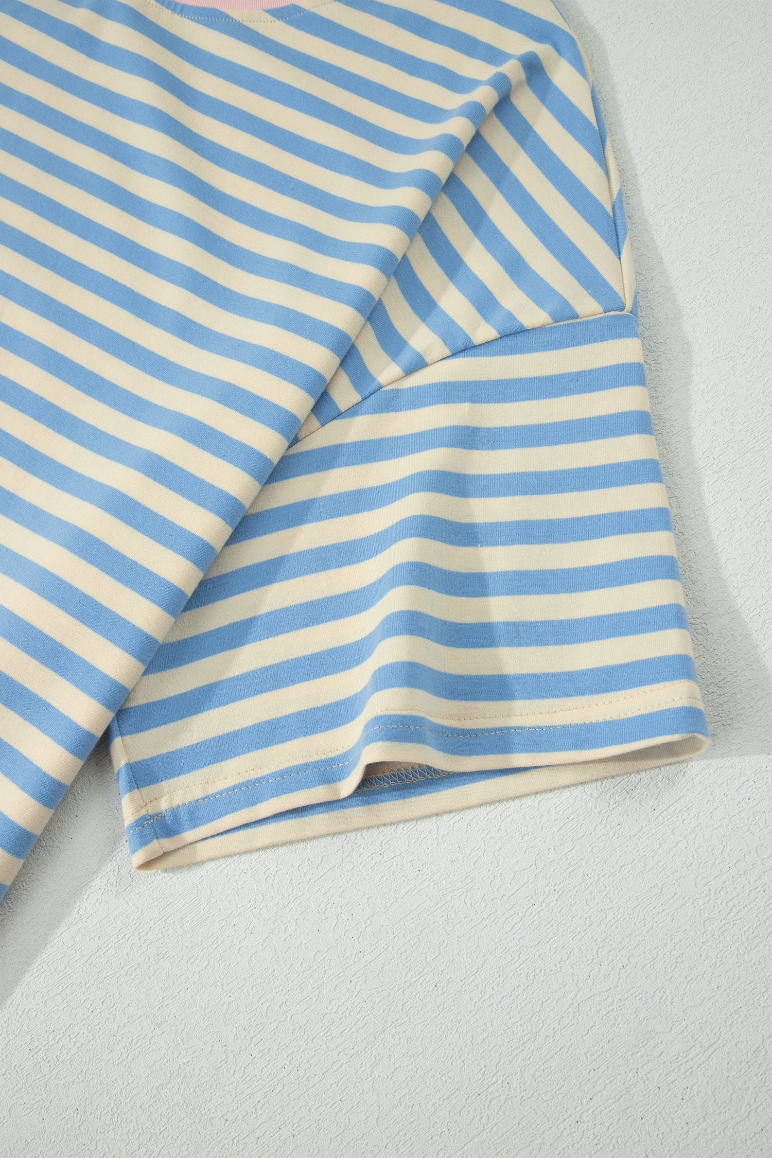 Women's Sky Blue Striped Tee – Casual Drop Shoulder Crew Neck - Detail View 7 Women's Sky Blue Striped Tee – Casual Drop Shoulder Crew Neck - Detail View 7