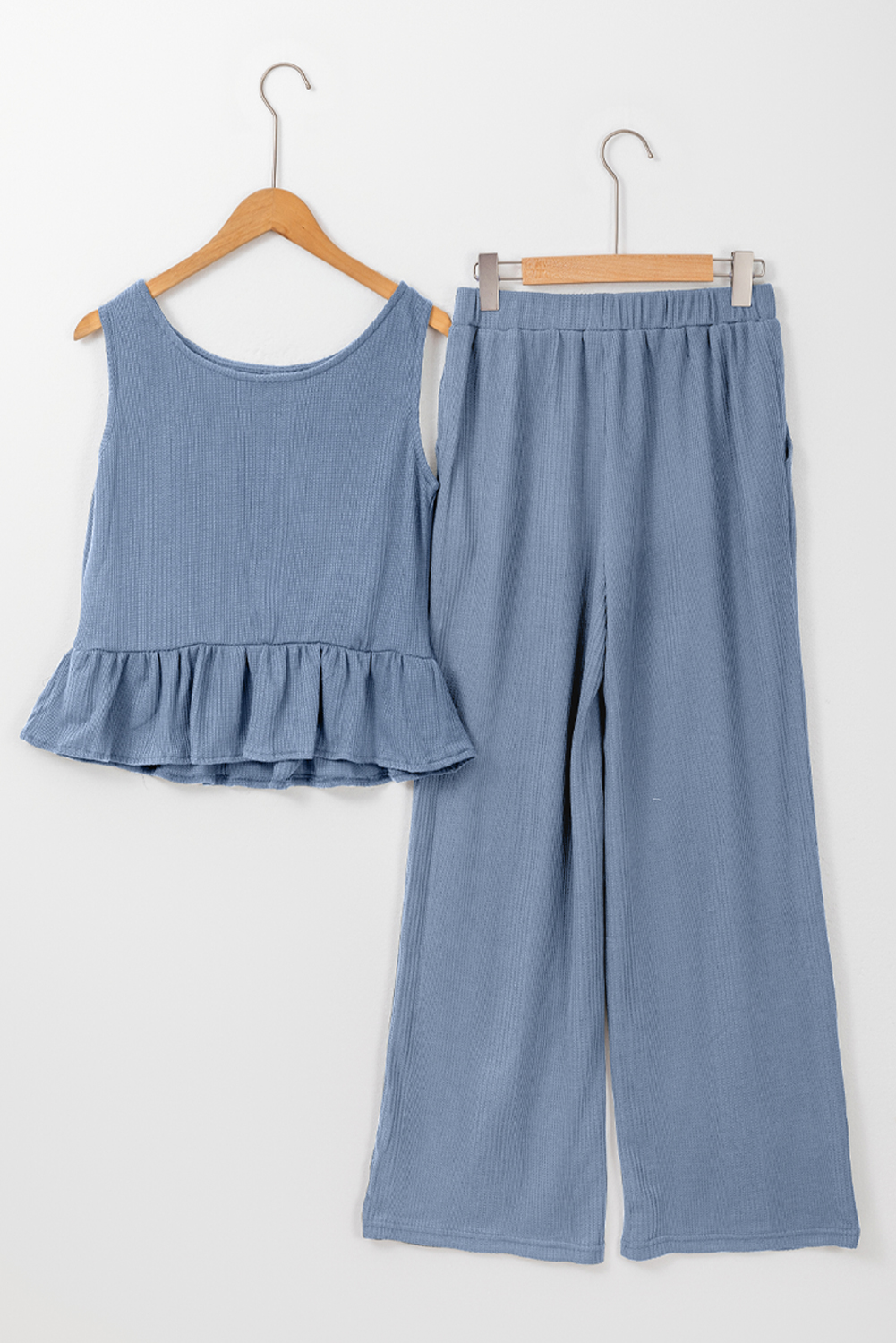 Stylish and Comfortable Two-Piece Set: Beau Blue Ruffled Hem Tank Top with Wide-Leg Pants - Detail View 10 Stylish and Comfortable Two-Piece Set: Beau Blue Ruffled Hem Tank Top with Wide-Leg Pants - Detail View 10