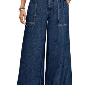 Plus Size Dirty Blue Ruffled Wide Leg Denim Pants – Casual Summer Style for Women - Main View