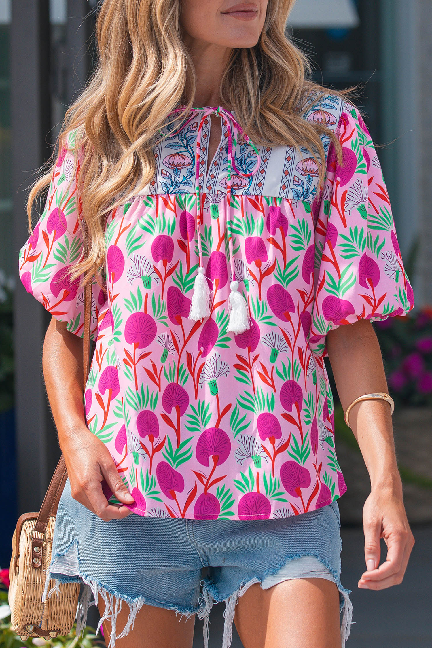 Women's Pink Floral Print Shift Blouse – Contrast Patchwork Tassel Tie Top for Summer Daily Wear - Detail View 9 Women's Pink Floral Print Shift Blouse – Contrast Patchwork Tassel Tie Top for Summer Daily Wear - Detail View 9